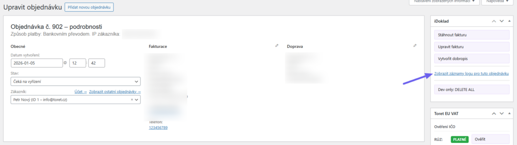 Toret iDoklad Plugin - log