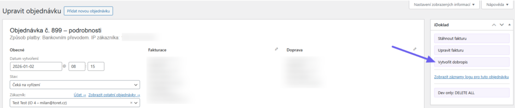 Toret iDoklad Plugin - manual credit note creation 2