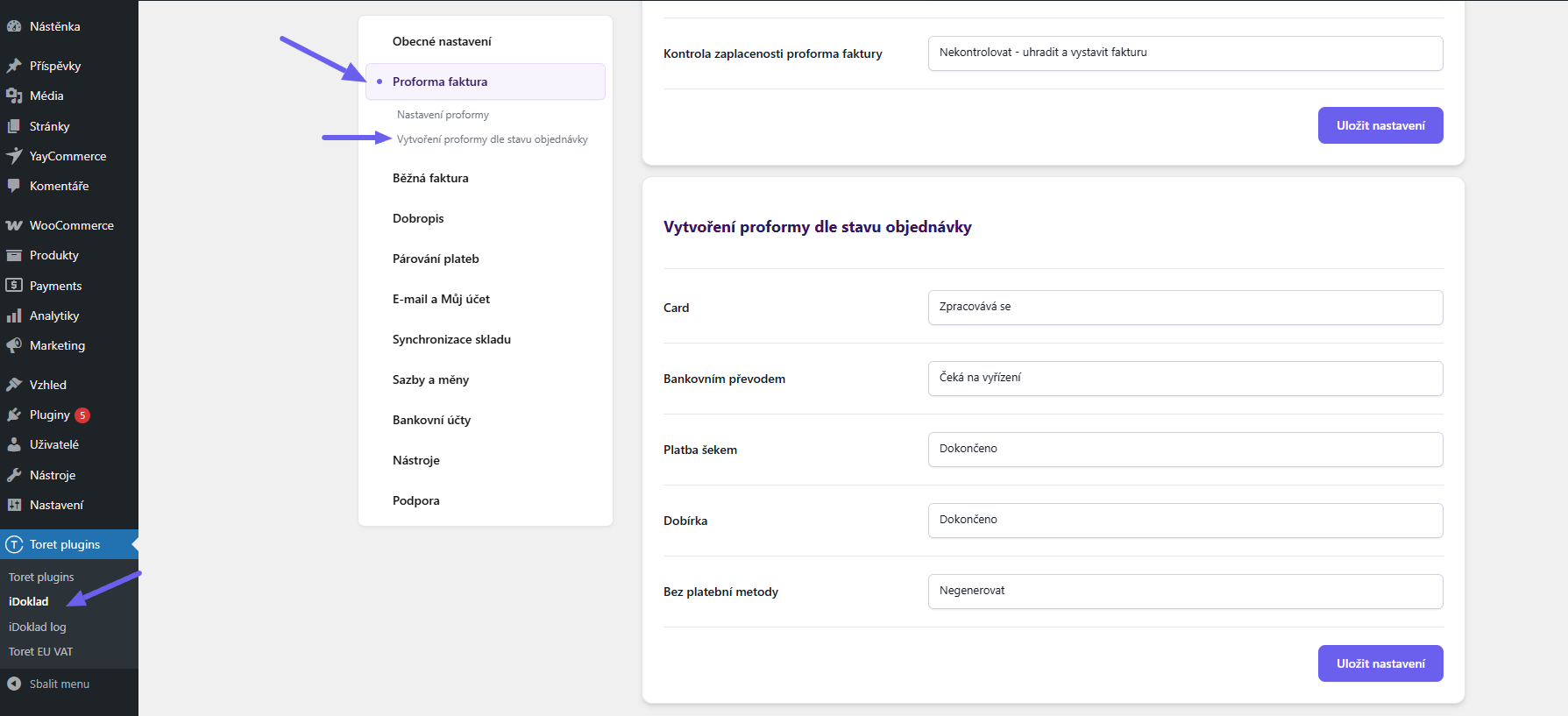 Toret iDoklad Plugin - automatic proforma issuing settings