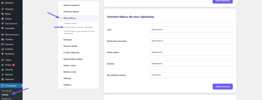 Toret iDoklad Plugin - automatic invoice creation settings