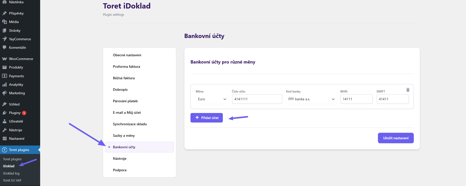 Toret iDoklad Plugin - setting bank accounts for different currencies
