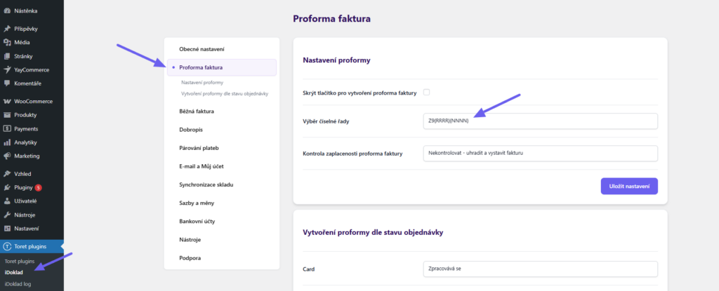 Toret iDoklad Plugin - number series settings in plugin