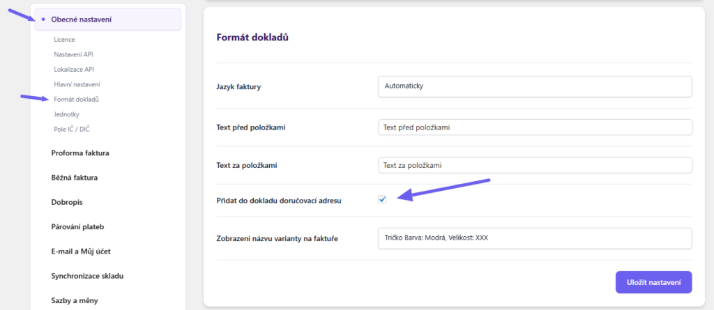Toret iDoklad Plugin - delivery address display settings