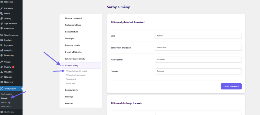 Toret iDoklad Plugin - assigning payment methods