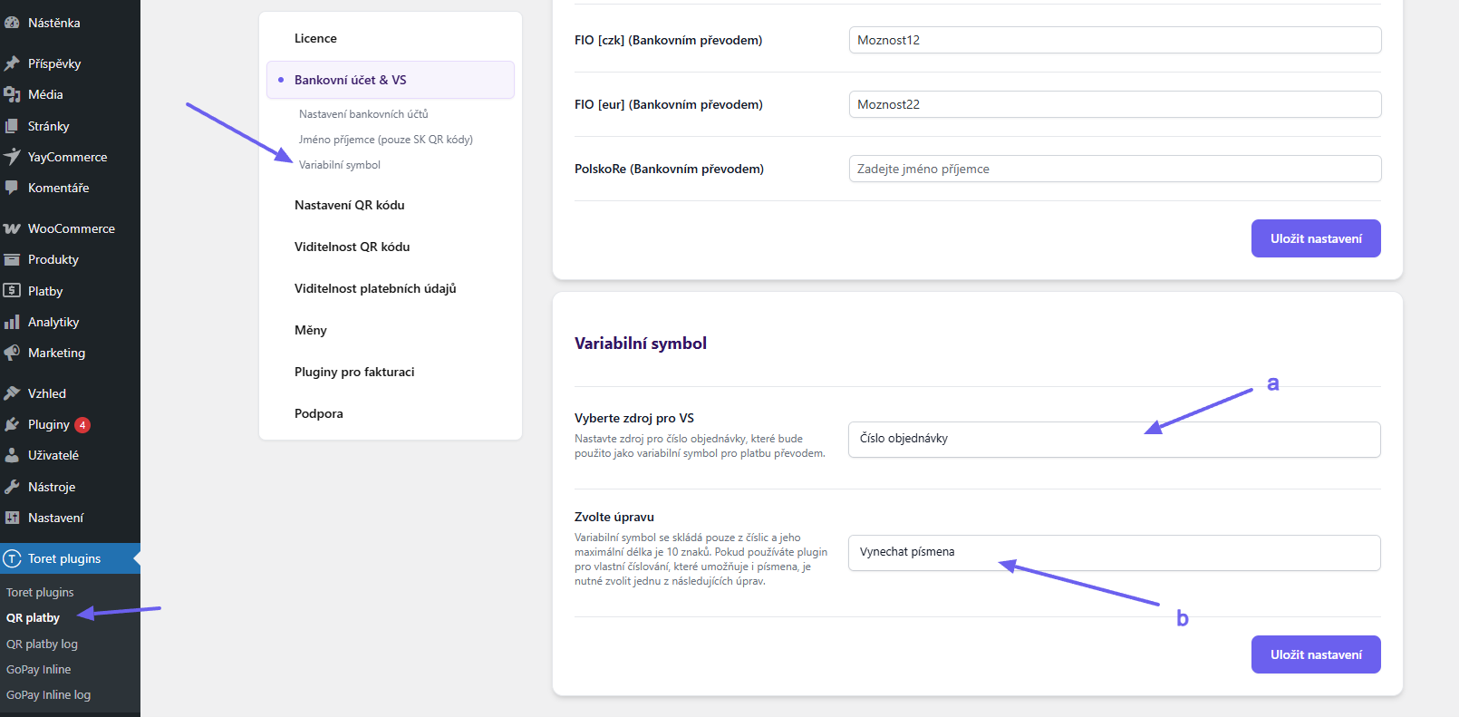 Toret QR Payments - variable symbol settings