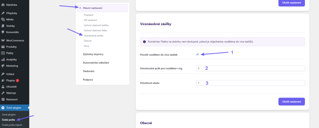Plugin Česká pošta pro WooCommerce - nastavení vícenásobných zásilek