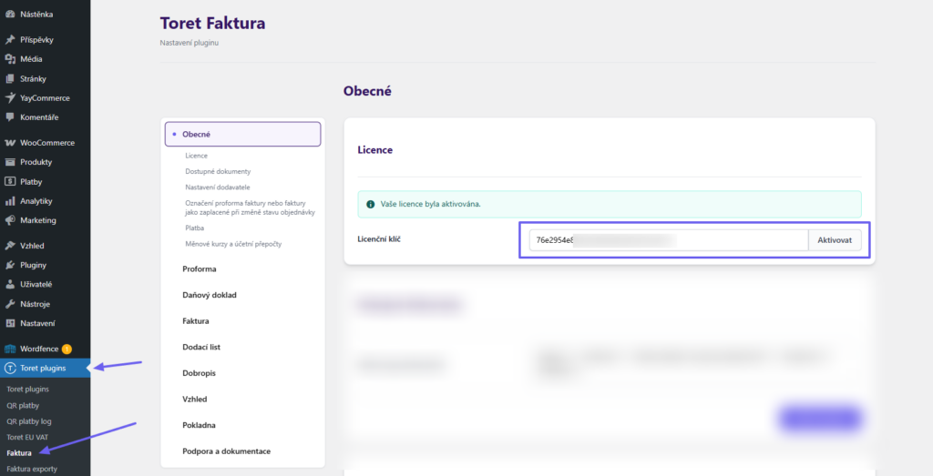 Toret Invoice for WooCommerce - plugin activation