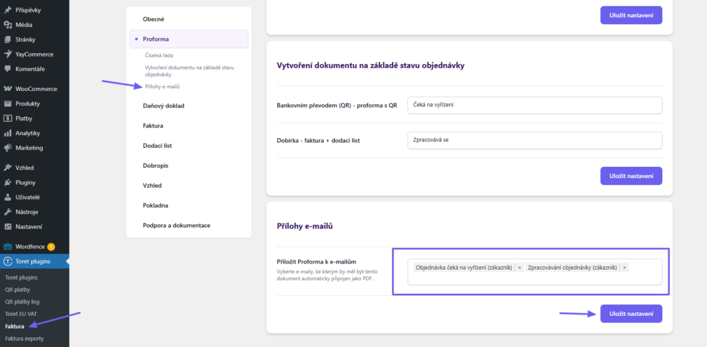 Toret Invoice for WooCommerce - automatic sending of emails with documents settings