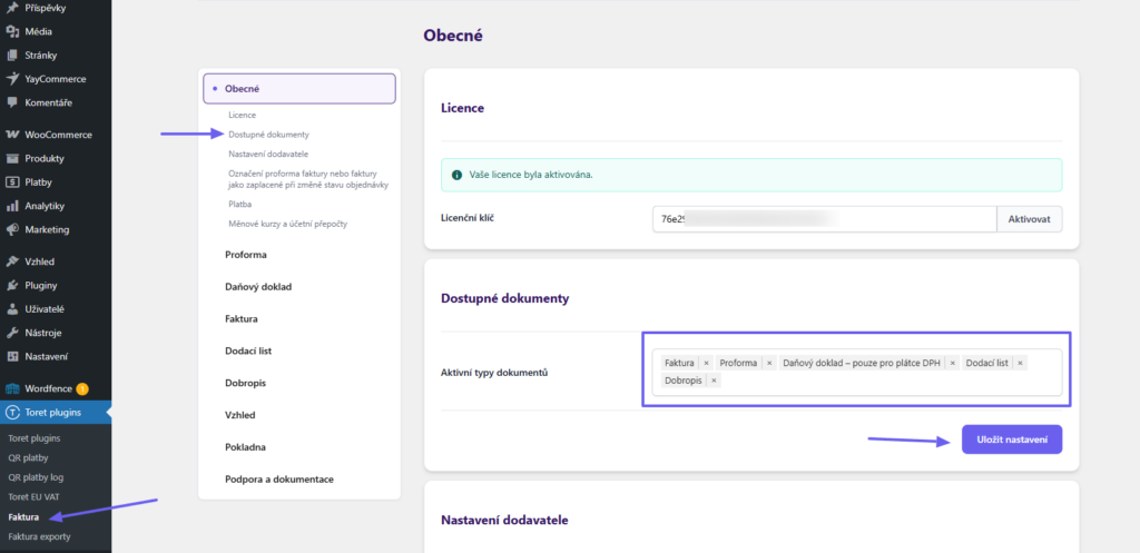 Toret Invoice for WooCommerce - available documents settings