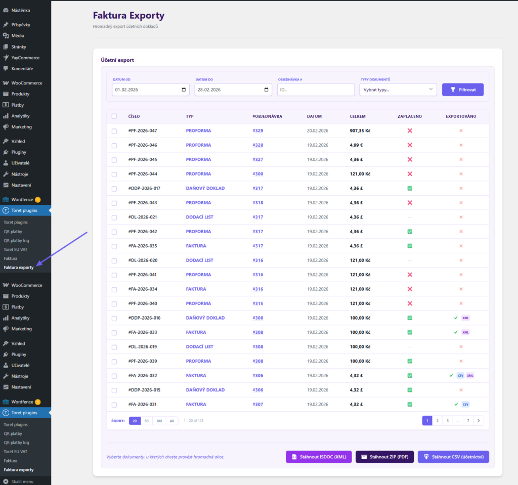 Toret Invoice for WooCommerce - bulk export of documents