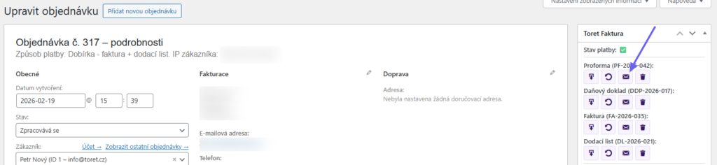 Toret Invoice for WooCommerce - manual sending