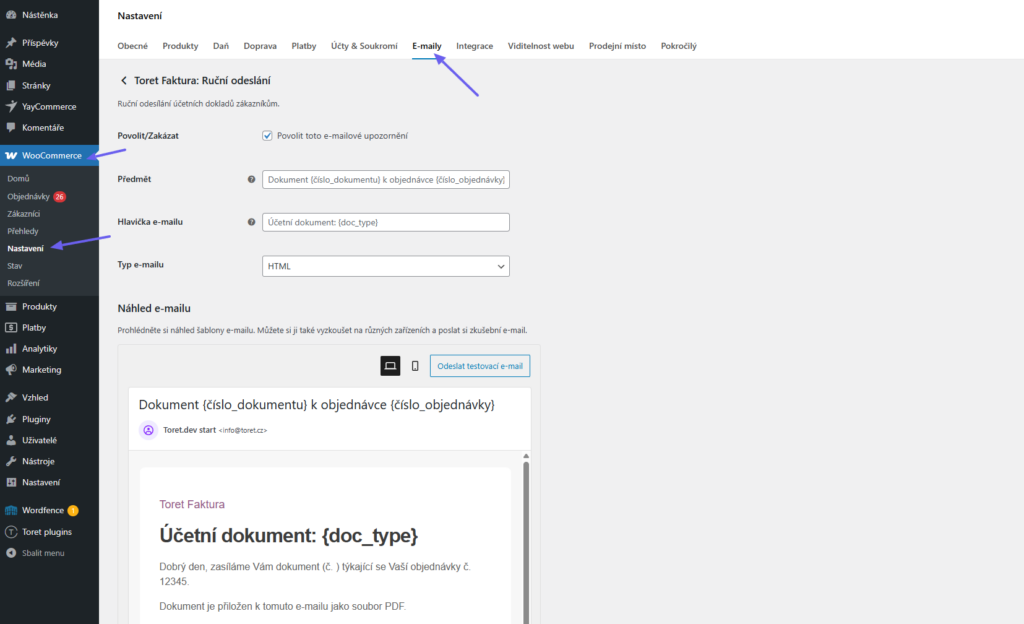 Toret Invoice for WooCommerce - manual sending - editing email
