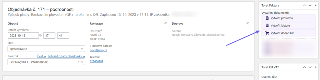 Toret Invoice for WooCommerce - manual issuing of documents - order details