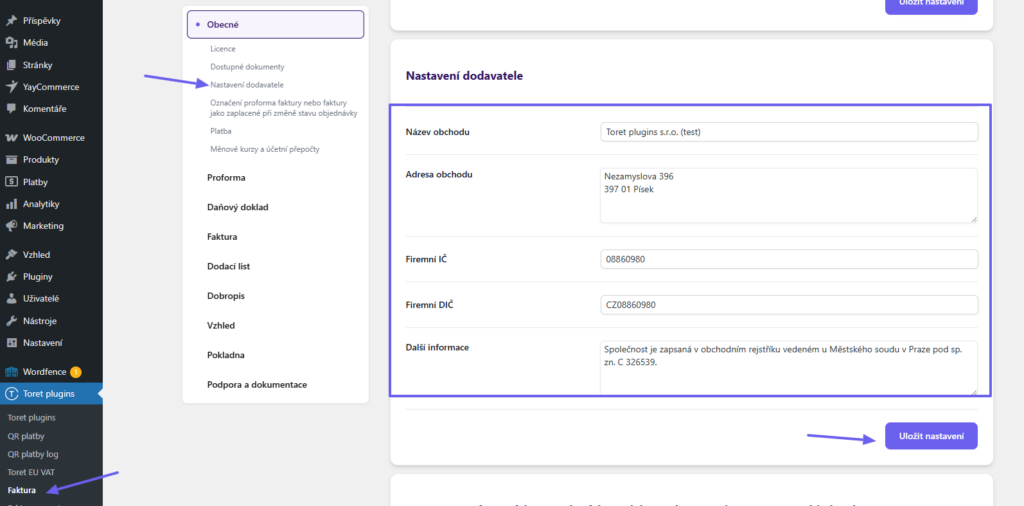 Toret Invoice for WooCommerce - supplier details settings