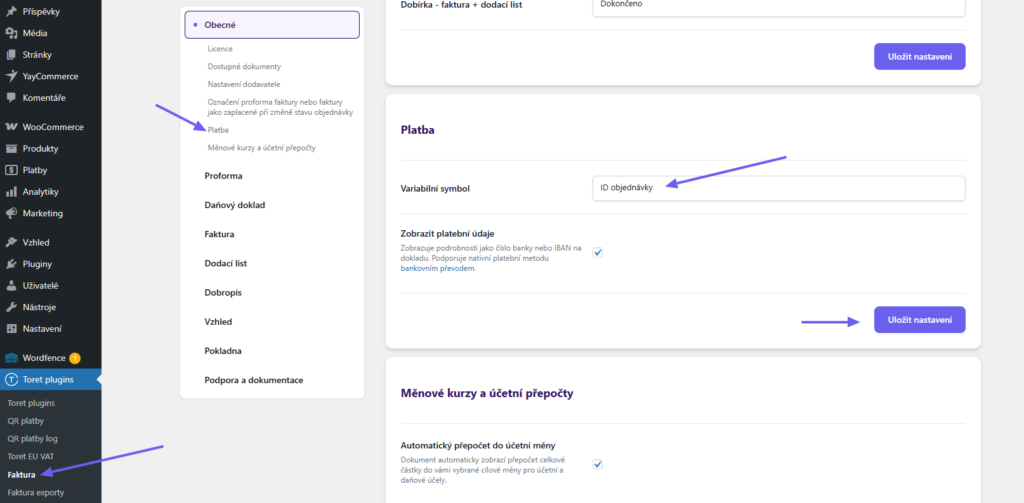Toret Invoice for WooCommerce - variable symbol settings