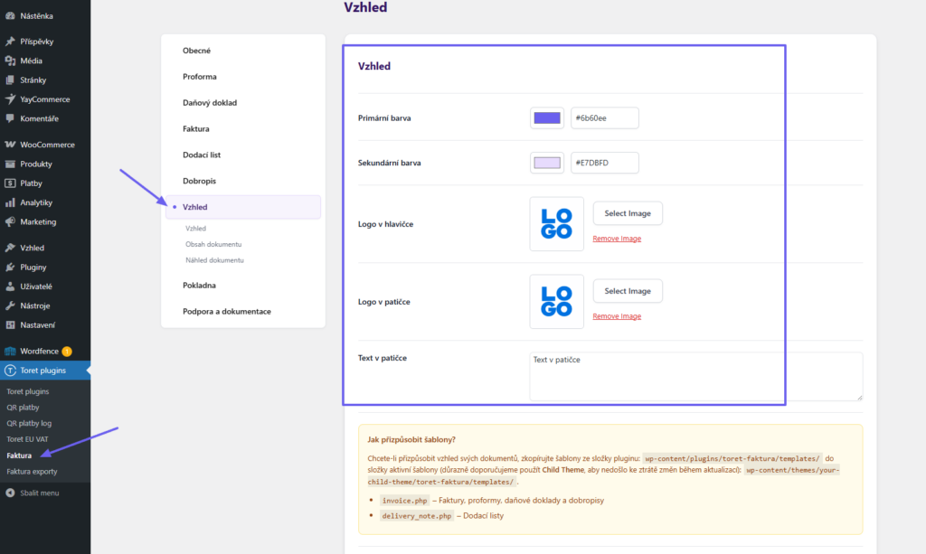 Toret Invoice for WooCommerce - document appearance settings