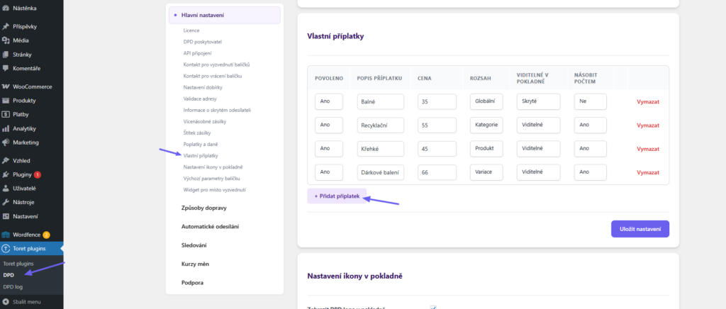 Plugin DPD - nastavení vlastních příplatků