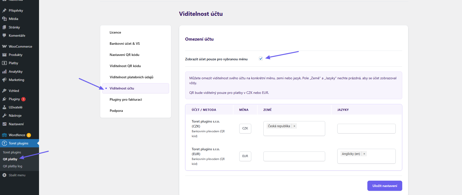 Plugin Toret QR platby - nastavení měny účtu