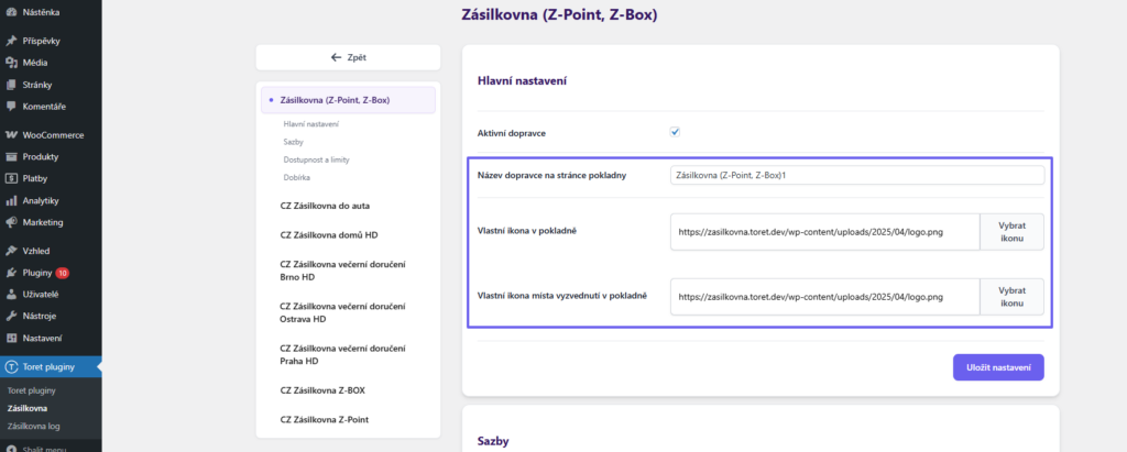 Plugin Toret Zásilkovna - Nastavení ikon a názvu v pokladně