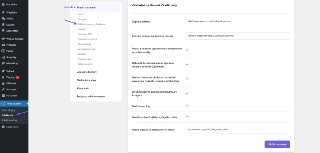 Plugin Toret Zásilkovna - Základní nastavení Zásilkovny