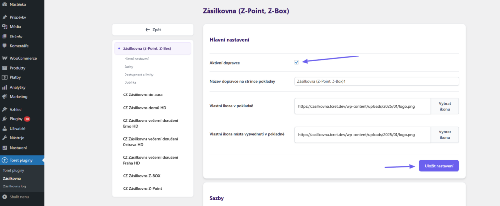 Plugin Toret Zásilkovna - aktivace dopravce