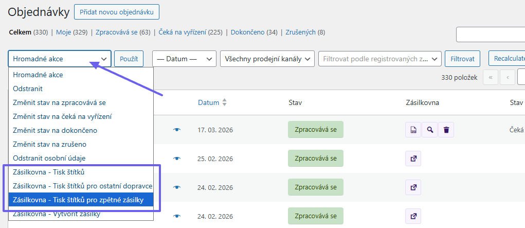 Plugin Toret Zásilkovna - hromadný tisk štítků