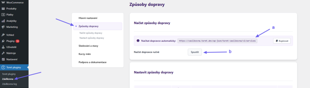Plugin Toret Zásilkovna - načtení dopravců