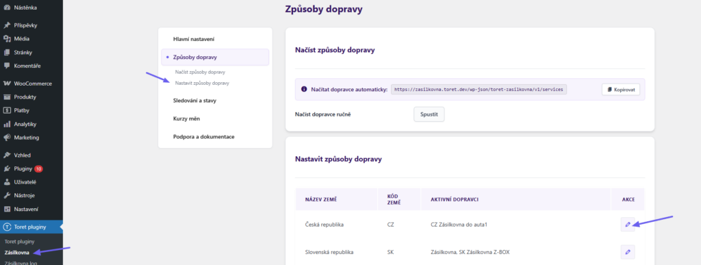 Plugin Toret Zásilkovna -nastavení dopravců