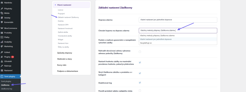 Plugin Toret Zásilkovna - nastavení kupónů pro dopravu zdarma