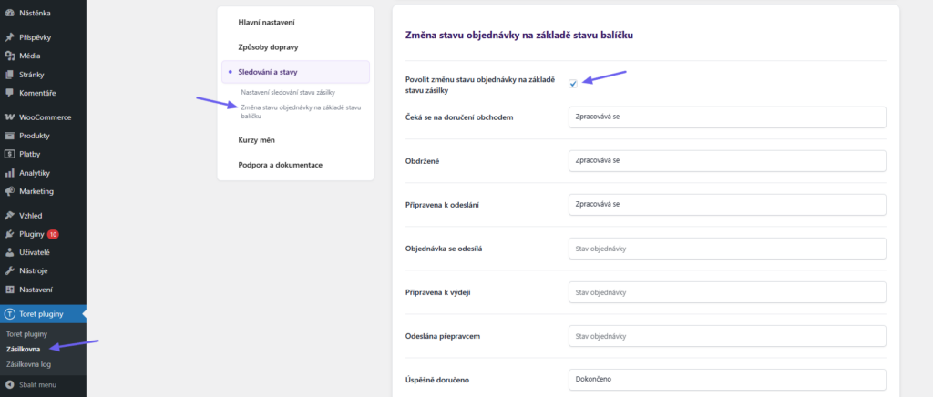 Plugin Toret Zásilkovna - nastavení změny stavu objednávky na základě stavu zásilky v přepravě