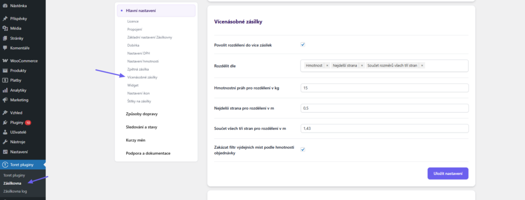 Plugin Toret Zásilkovna pro WooCommerce - nastavení automatického dělení objednávek do více zásilek