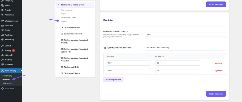 Plugin Toret Zásilkovna pro WooCommerce - nastavení dobírky