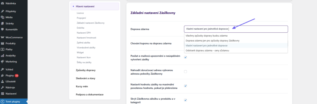 Plugin Toret Zásilkovna - globální nastavení pro dopravu zdarma