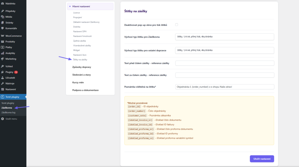 Plugin Toret Zásilkovna pro WooCommerce - nastavení štítků
