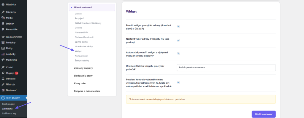 Plugin Toret Zásilkovna pro WooCommerce - nastavení widgetu