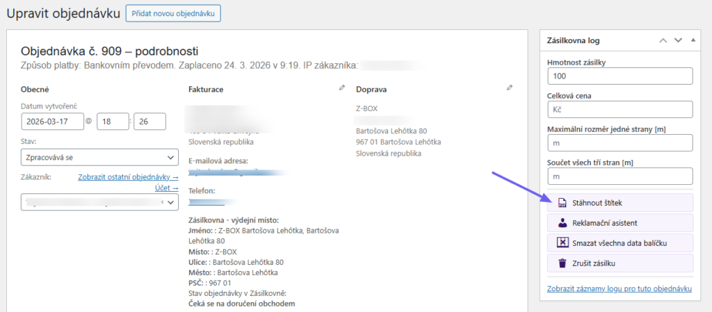 Plugin Toret Zásilkovna - tisk štítků v detailu objednávky