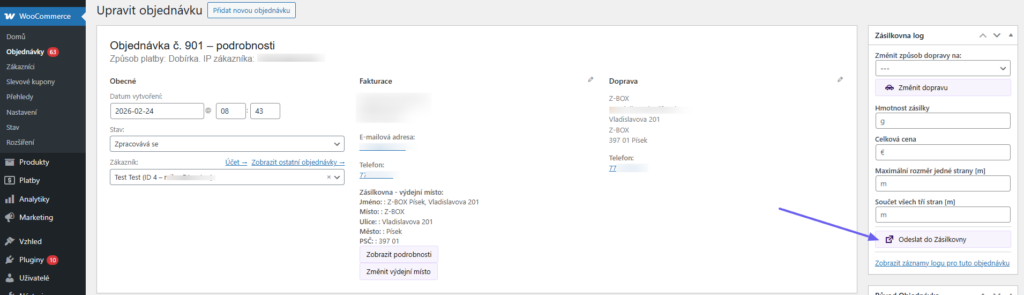 Plugin Toret Zásilkovna - vytváření zásilek v detailu objednávek