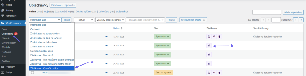 Plugin Toret Zásilkovna - vytváření zásilek v přehledu objednávek
