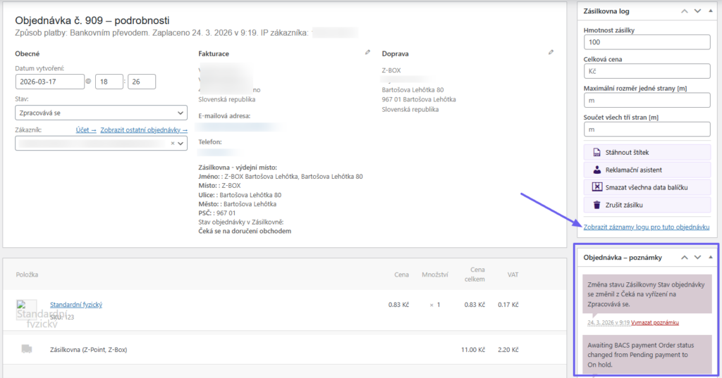 Plugin Toret Zásilkovna - zobrazení chyb v objednávce