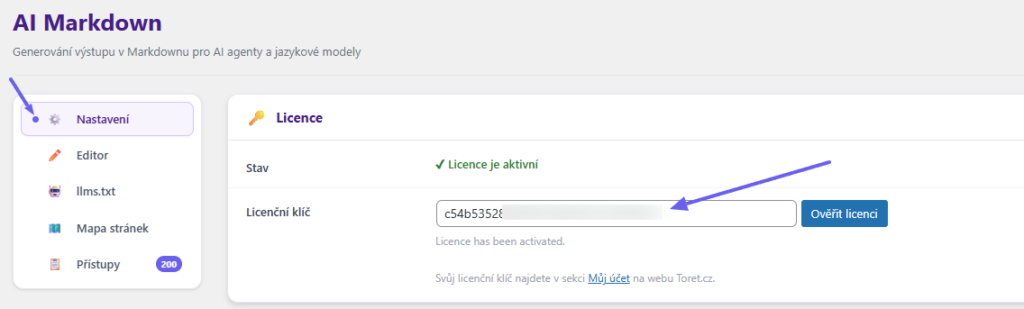 Toret AI Markdown - Aktivace pluginu