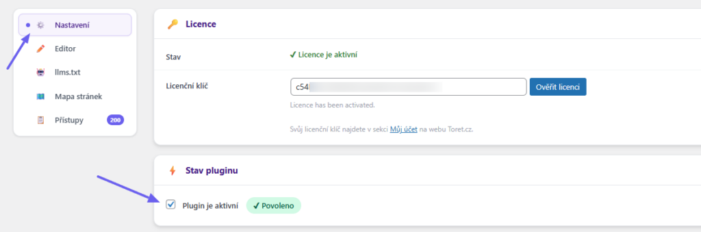 Toret AI Markdown - Aktivace pluginu