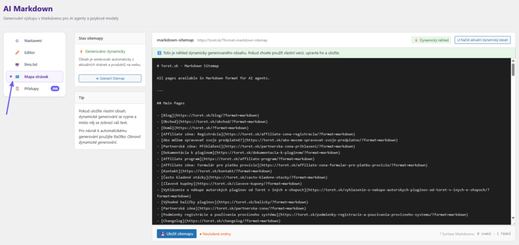 Toret AI Markdown - editor sitemap