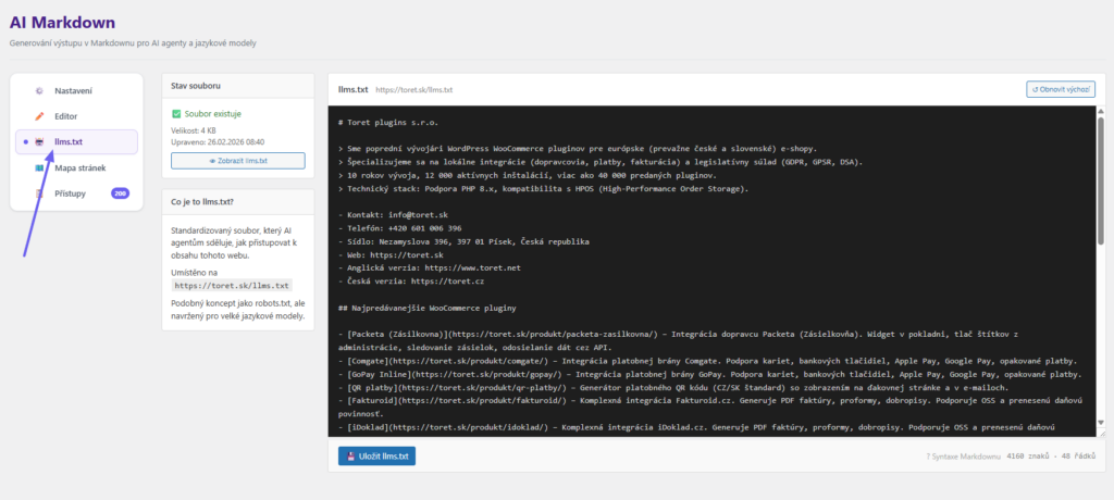 Toret AI markdown - úprava llms.txt