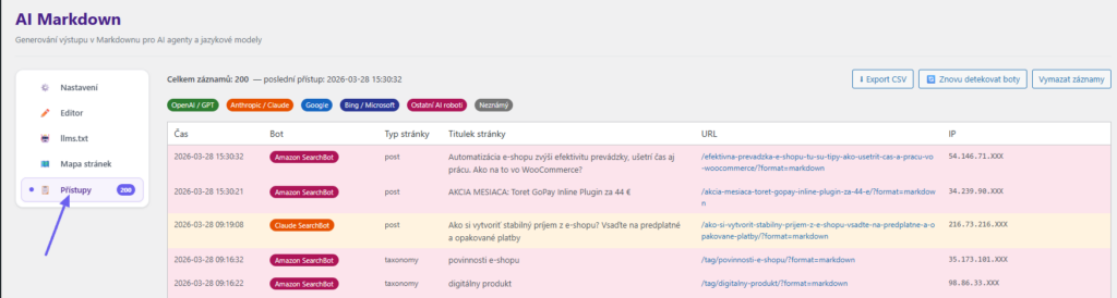 Toret AI markdown - logování přístupů AI