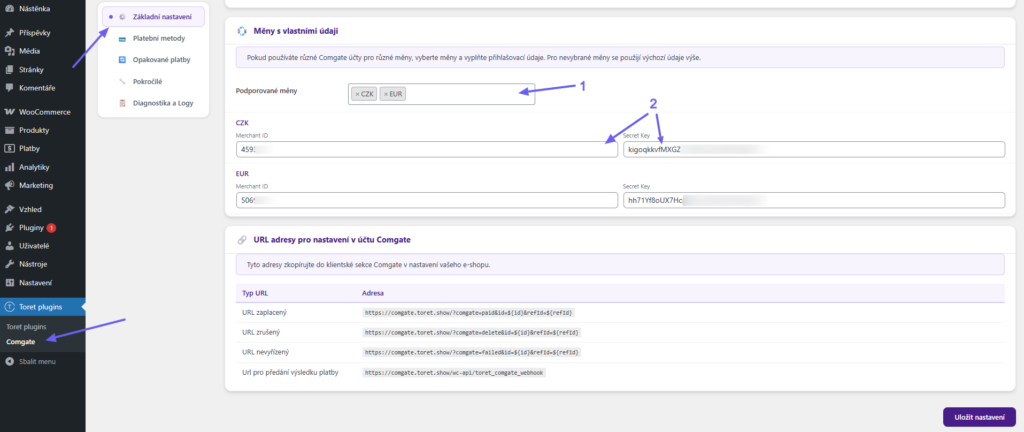 Plugin Comgate - zadání přístupových údajů pro různé měny