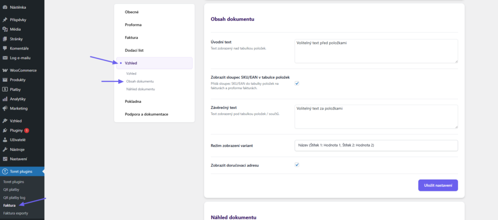Toret Invoice for WooCommerce - document content settings
