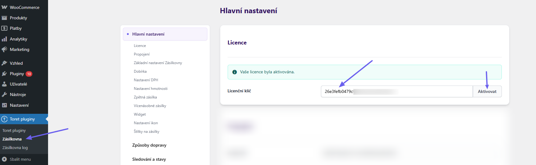 Plugin Toret Zásilkovna - aktivace