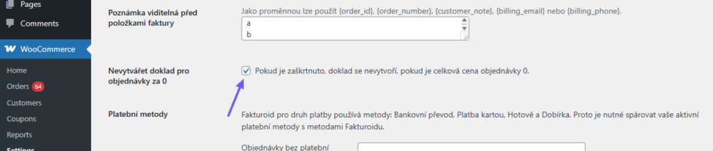 Plugin Fakturoid - funkce nevytvářet doklady pro nulové objednávky