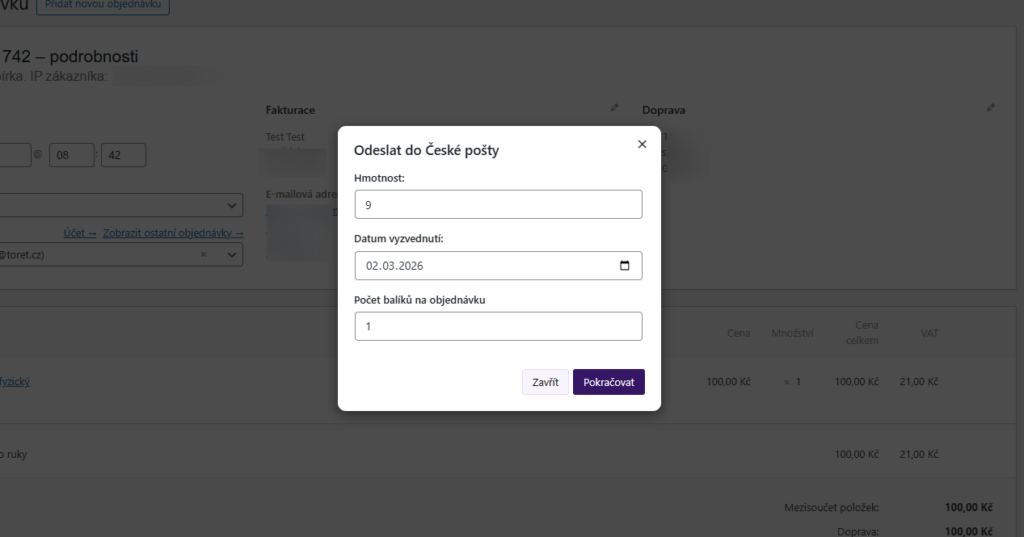 plugin česká pošta - dialogové okno odesílání