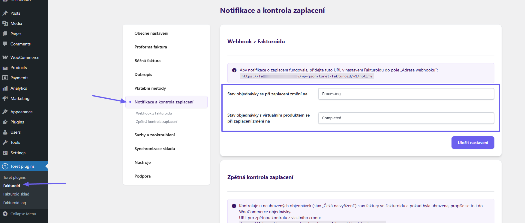Toret Fakturoid – Nastavení stavu spárované objednávky s platbou